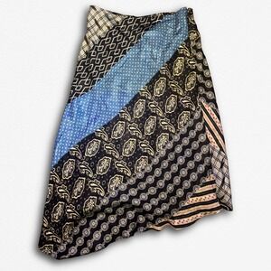 Boho Patchwork Handkerchief Hem Midi Skirt Navy Blue Paisley Mixed Print Women